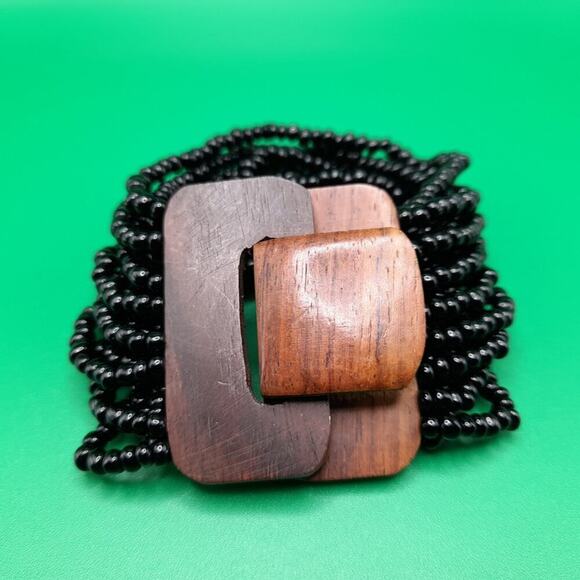 Black Beaded Wooden Clasp Bracelet, 7" by 2", 16 strands, Stretch Bracelet, - Picture 1 of 9